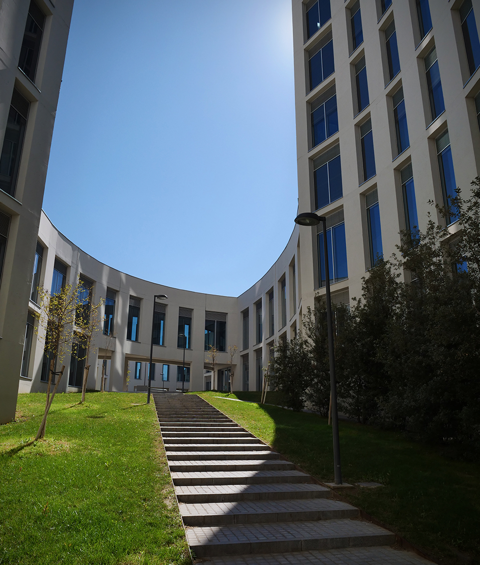 Escalera de entrada trasera al conjunto de edificios que conforman la Facultad de Medicina situada en el Parque Tecnológico de la Salud