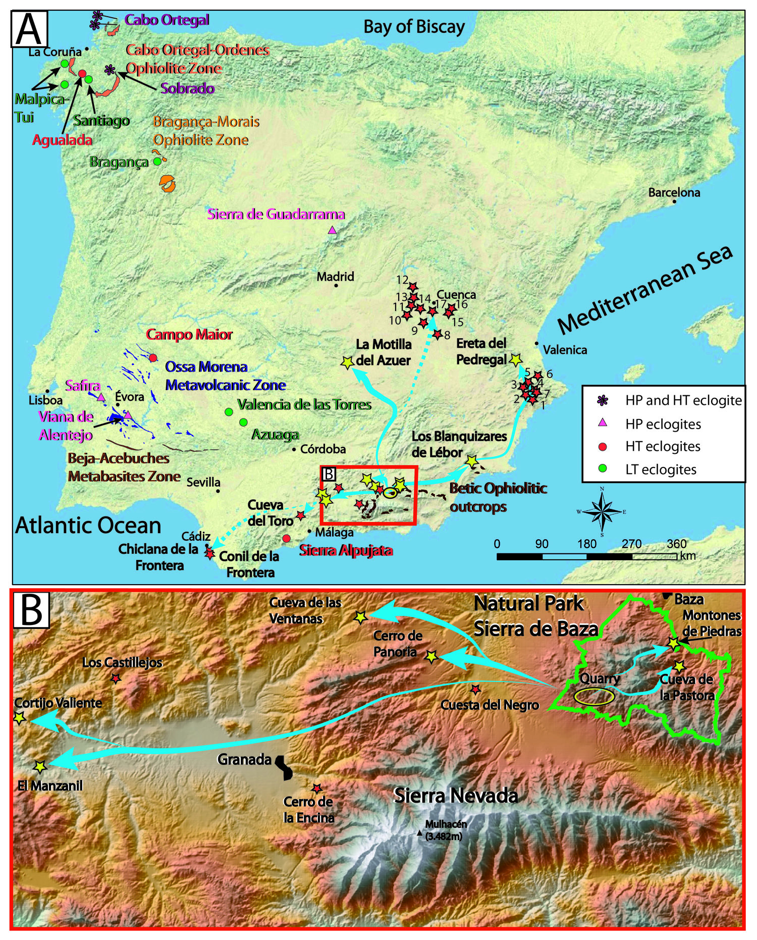 A map of Spain and the Sierra Nevada mountain range