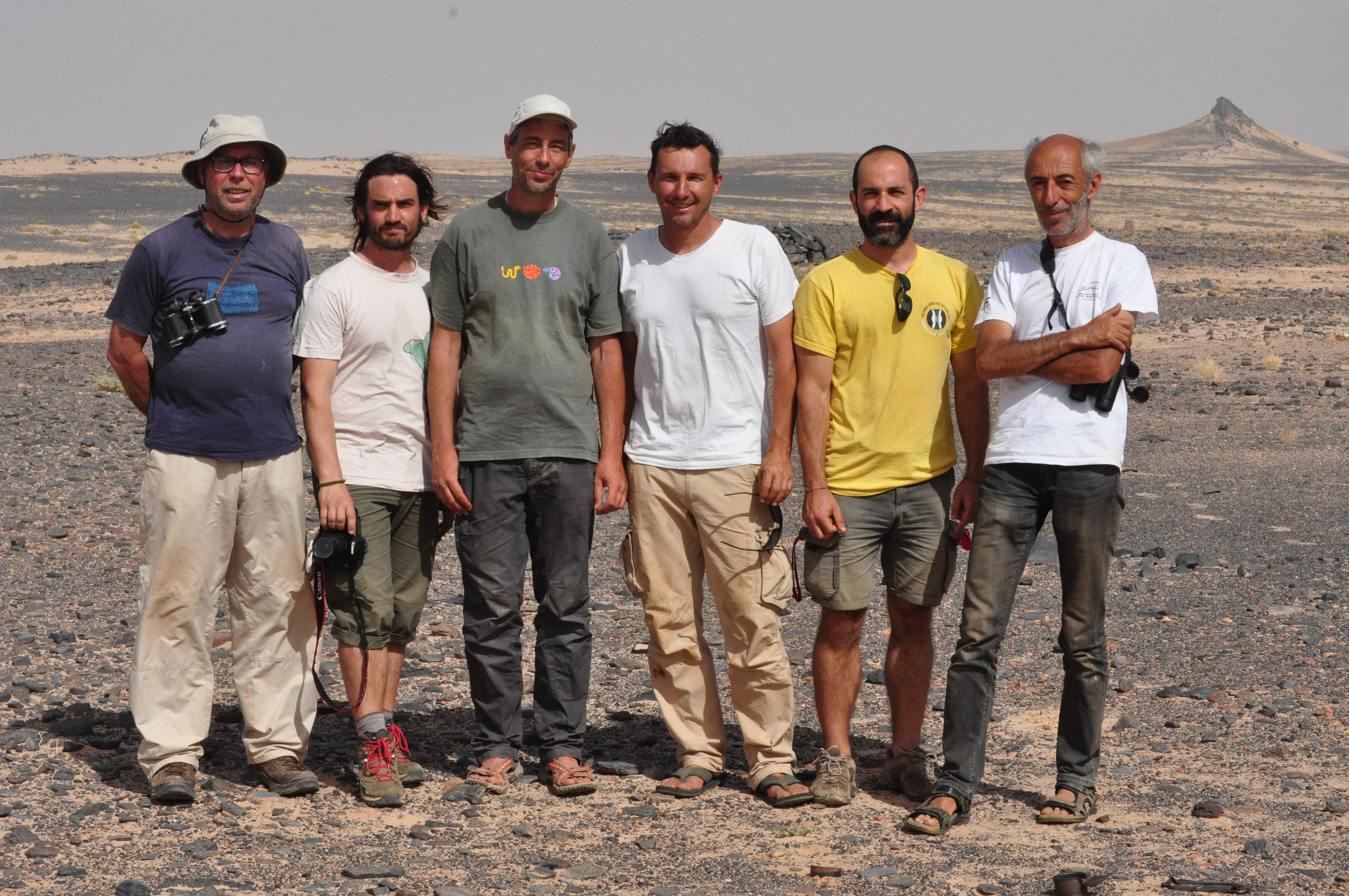 Six of the researchers involved in the project standing together for a photo with the desert in the background.