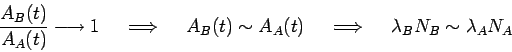 \begin{displaymath}
\frac{A_B(t)}{A_A(t)}\longrightarrow 1
\kern 5mm
\Longrighta...
...5mm
\Longrightarrow
\kern 5mm
\lambda_B N_B \sim \lambda_A N_A
\end{displaymath}