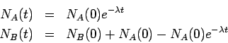 \begin{eqnarray*}
N_A(t) &=& N_A(0)e^{-\lambda t} \\
N_B(t) &=& N_B(0)+N_A(0)-N_A(0)e^{-\lambda t}
\end{eqnarray*}