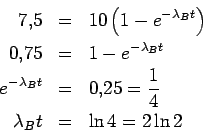 \begin{eqnarray*}
7.5 &=& 10\left(1-e^{-\lambda_B t}\right)
\\
0.75 &=& 1-e^{-\...
...\lambda_B t} &=& 0.25=\frac14
\\
\lambda_B t &=& \ln 4 = 2\ln 2
\end{eqnarray*}