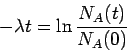 \begin{displaymath}
-\lambda t = \ln\frac{N_A(t)}{N_A(0)}
\end{displaymath}