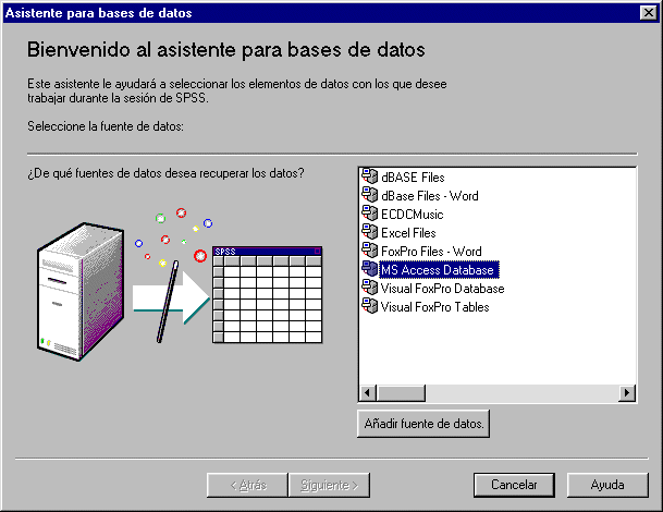 Cuadro de diálogo Bienvenido al asistente para bases de datos