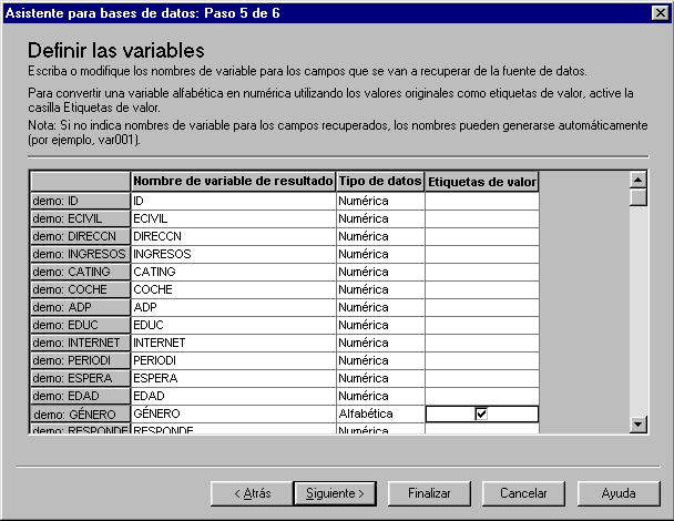 Cuadro de diálogo Definir las variables