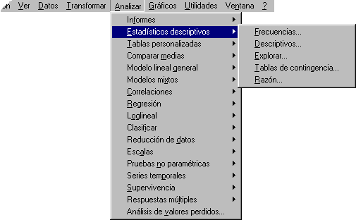 Menú Analizar, Estadísticos descriptivos