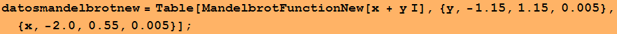 datosmandelbrotnew = Table[MandelbrotFunctionNew[x + y I], {y, -1.15, 1.15, 0.005}, {x, -2., 0.55, 0.005}] ;