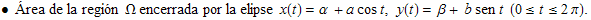 ●&nbsp;&nbsp;&Aacute;rea de la regi&oacute;n&nbsp;&nbsp;&Omega; encerrada por la elipse  x(t) = &alpha; + a cos t, y(t) = &beta; + b sen t &nbsp;&nbsp; (0&le;t&le;2&pi;) .