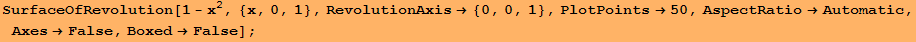 SurfaceOfRevolution[1 - x^2, {x, 0, 1}, RevolutionAxis&rarr; {0, 0, 1}, PlotPoints&rarr;50, AspectRatio&rarr;Automatic, Axes&rarr;False, Boxed&rarr;False] ;