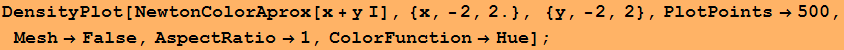 DensityPlot[NewtonColorAprox[x + y I], {x, -2, 2.}, {y, -2, 2}, PlotPoints&rarr;500, Mesh&rarr;False, AspectRatio&rarr;1, ColorFunction&rarr;Hue] ;