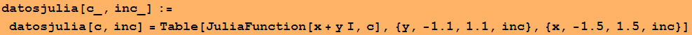 datosjulia[c_, inc_] := datosjulia[c, inc] = Table[JuliaFunction[x + y I, c], {y, -1.1, 1.1, inc}, {x, -1.5, 1.5, inc}]