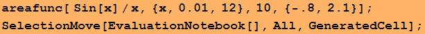 areafunc[ Sin[x]/x, {x, 0.01, 12}, 10, {-.8, 2.1}] ; SelectionMove[EvaluationNotebook[], All, GeneratedCell] ;