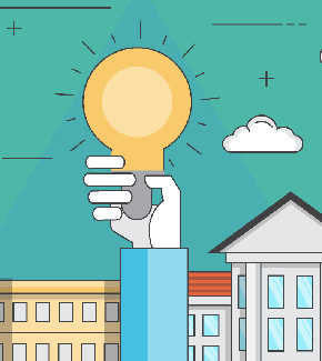 A hand holding up a light bulb in the sky with buildings in the background