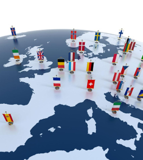 A map of Europe featuring the national flag of each country