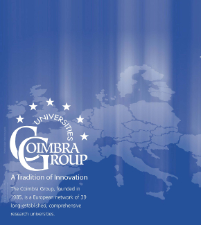 A map of Europe in blue featuring the Coimbra Group logo
