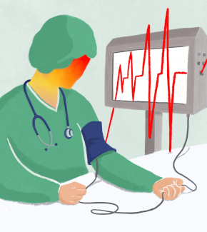 Drawing of a nurse checking their own blood pressure