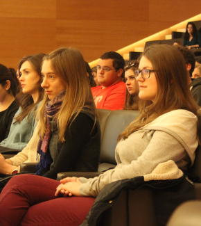A group of international students in a lecture theatre