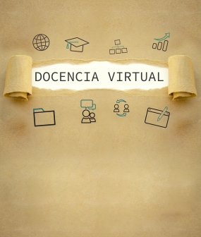 Docencia virtual y distintos iconos representativos