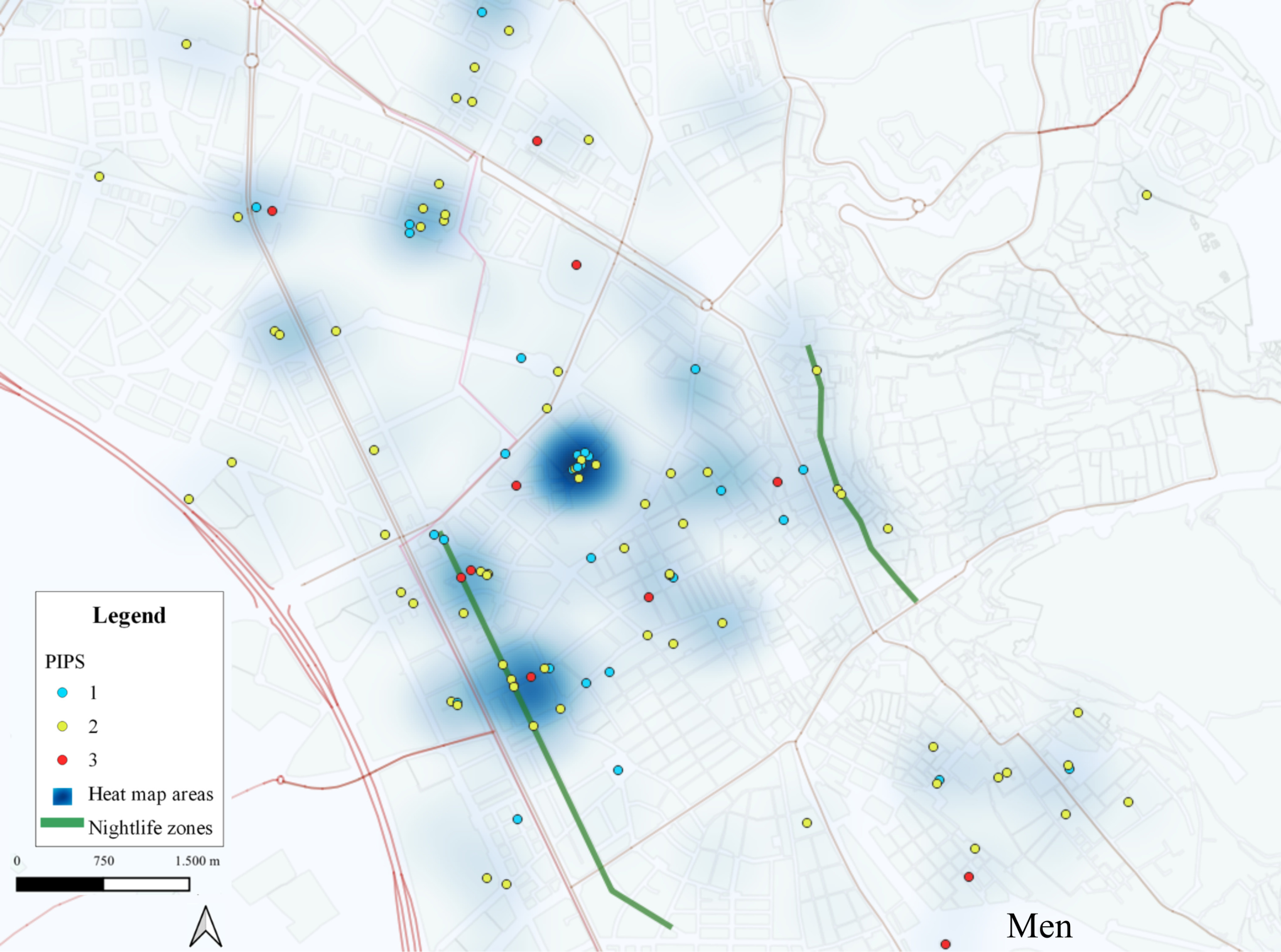 Mapa 1: señala los puntos inseguros en Granada por parte de los hombres. Si el punto es rojo, es que el estudiante, según su experiencia, señala problemas ambientales, sociales y ha sufrido victimización. Si es amarillo, es que ha señalado dos tipos de problemas. Y si es verde, uno.
