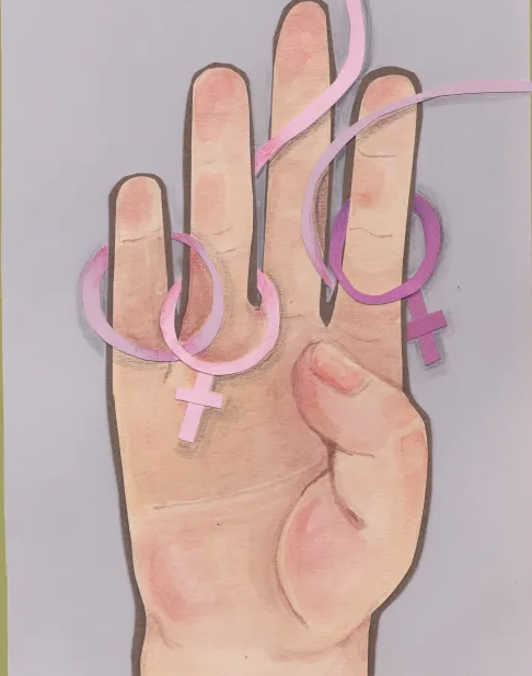 Dibujo de una mano con lazos rematados con símbolos de género
