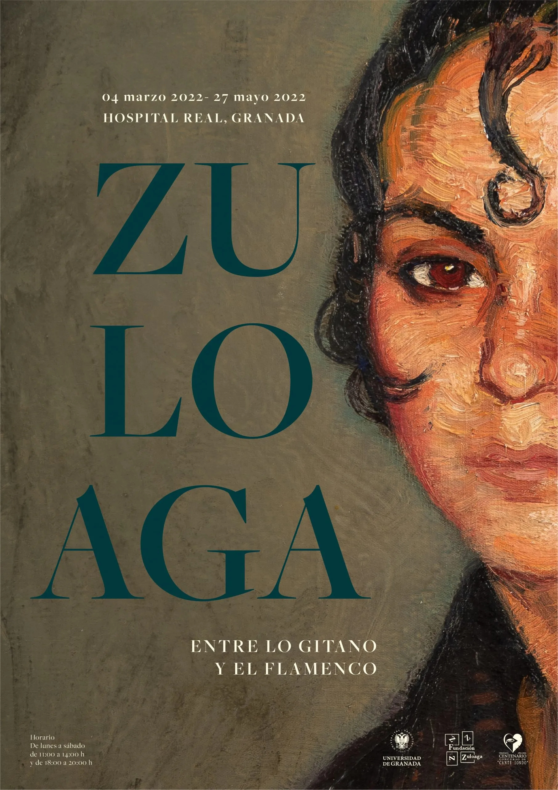 cartel de la exposición, vista parcial de rostro de una mujer en una obra de Zuloaga