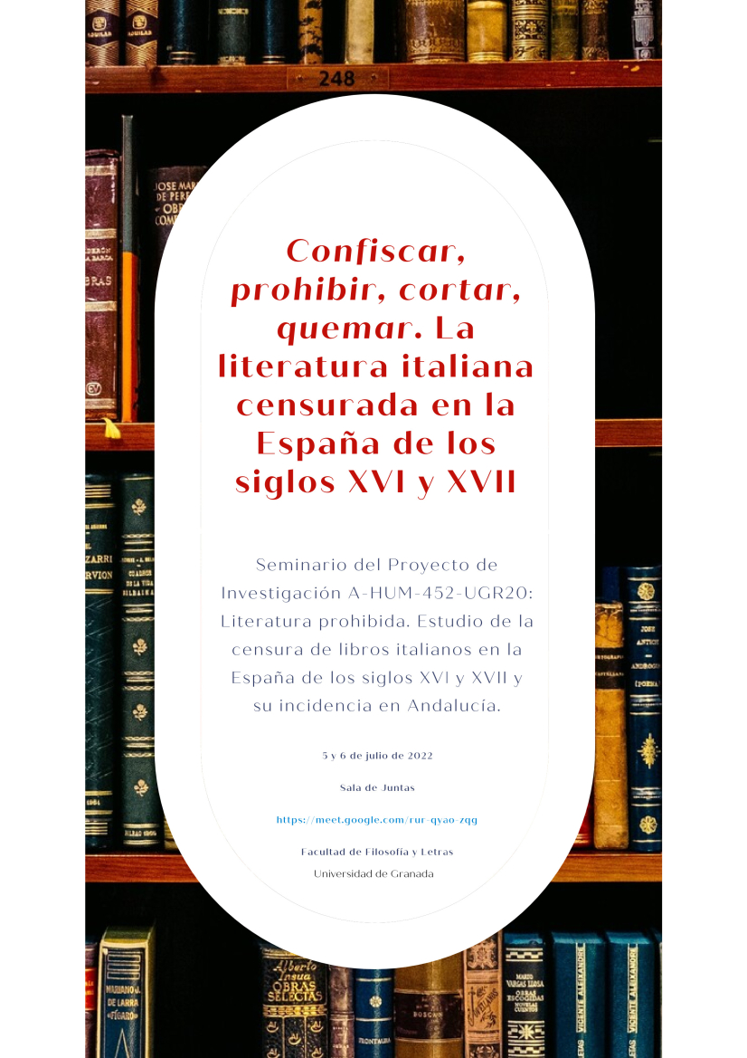 cartel Seminario “Literatura prohibida. Estudio de la censura de los libros italianos en la España de los siglos XVI y XVII y su incidencia en Andalucía