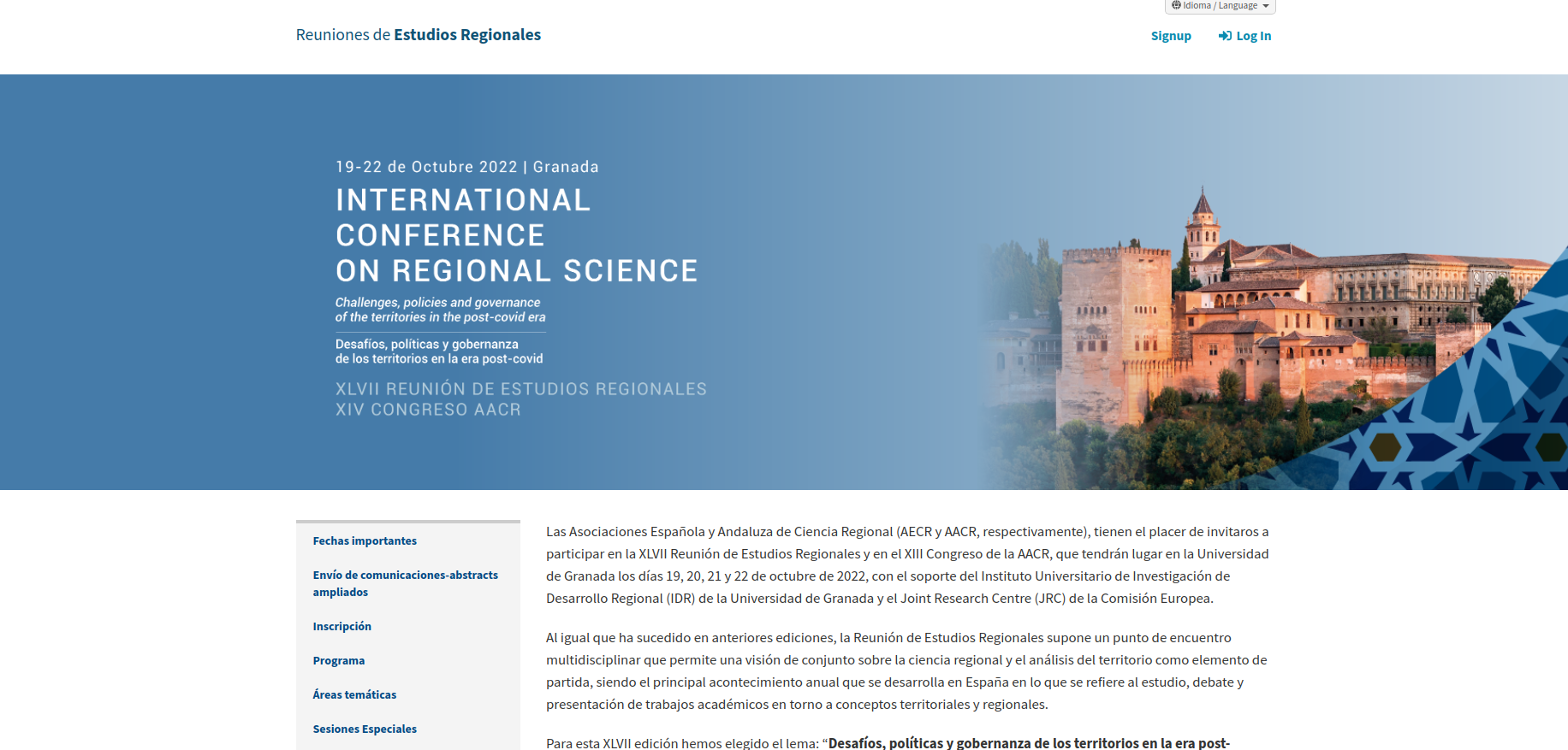 captura web del XLVII Reunión de Estudios Regionales y XIII Congreso de la Asociación Andaluza de Ciencia Regional 