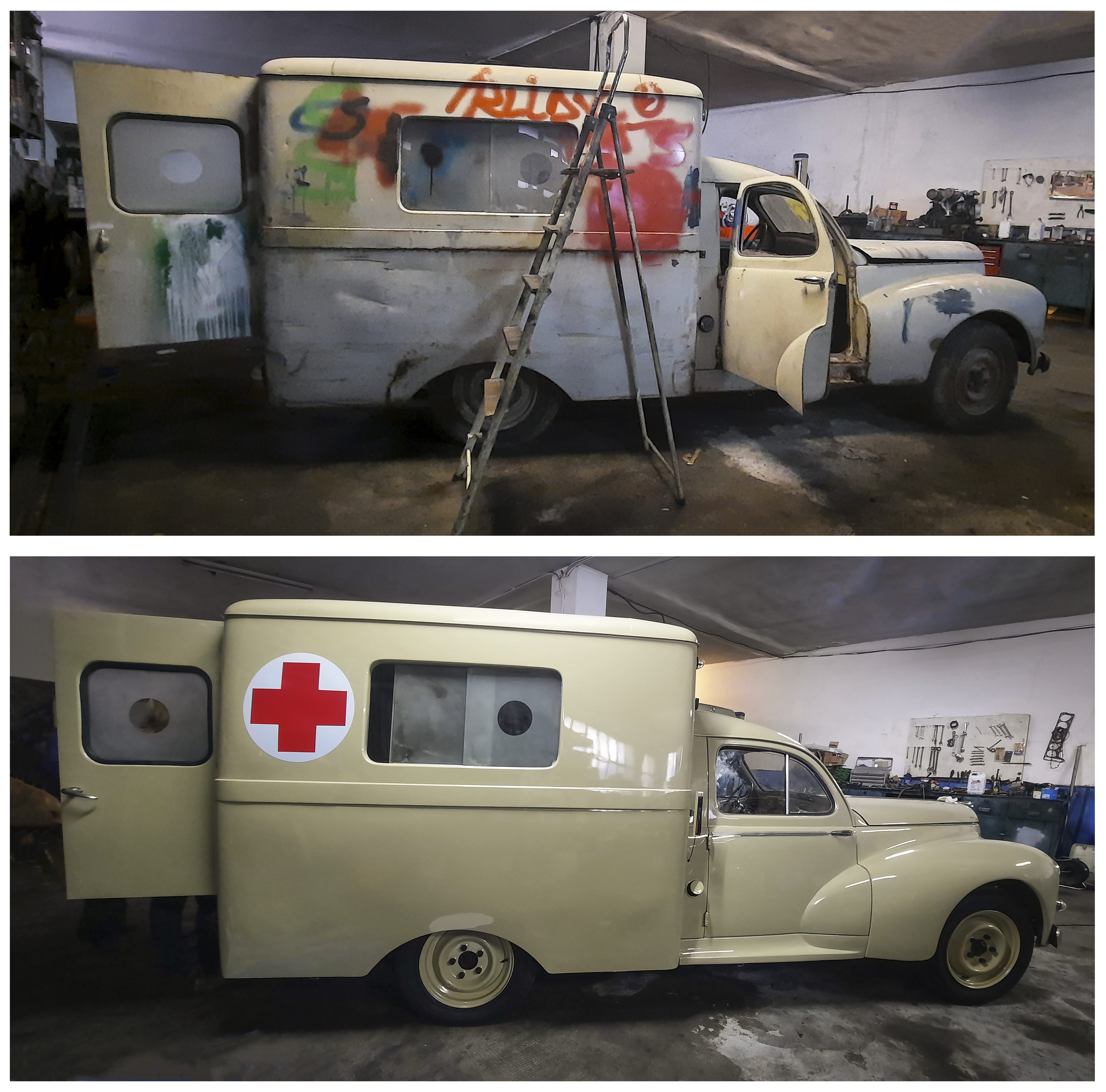 Exposición permanente de una ambulancia Peugeot 203 de 1953 restaurada y musealizada