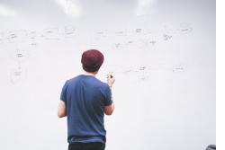 A student brainstorming on a whiteboard