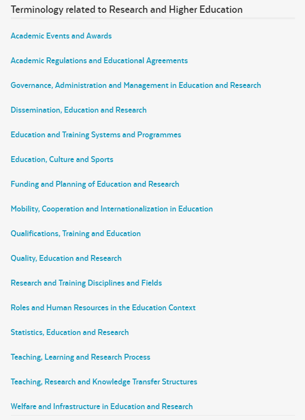 Thematic index of the "Terminology related to Research and Higher Education" section
