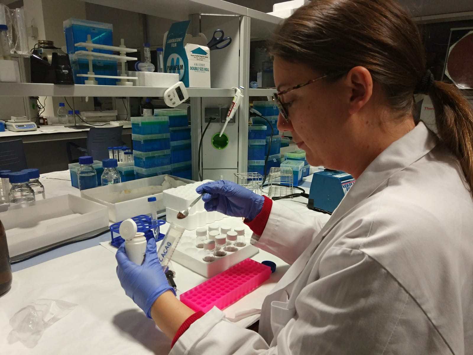 A researcher filling a test tube marked "Cacao"