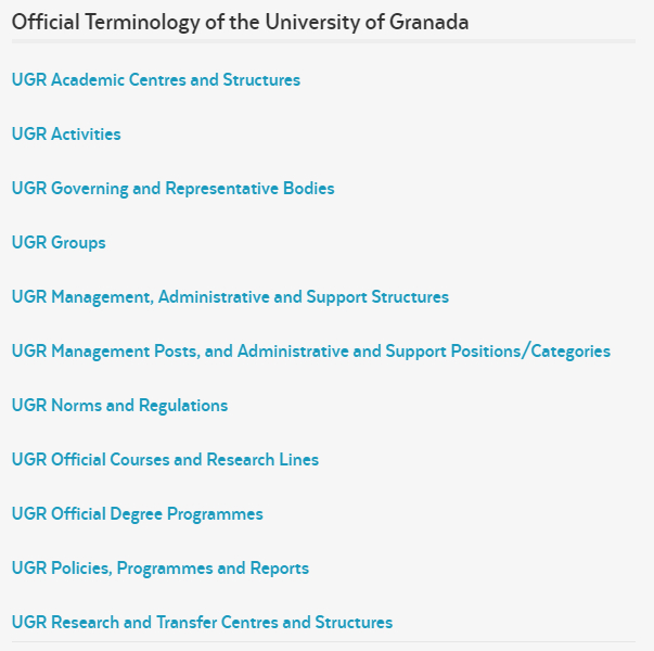 Thematic index of the "terminology of the UGR" section