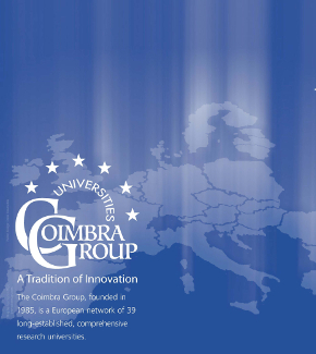 A map of Europe in blue featuring the Coimbra Group logo