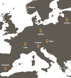 A map of Europe featuring the universities that make up Arqus