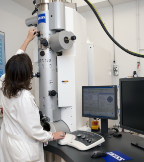 A researcher using equipment in a lab