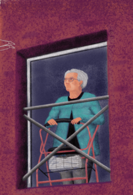 Pintura de una señora mayor asomada al balcón de su casa