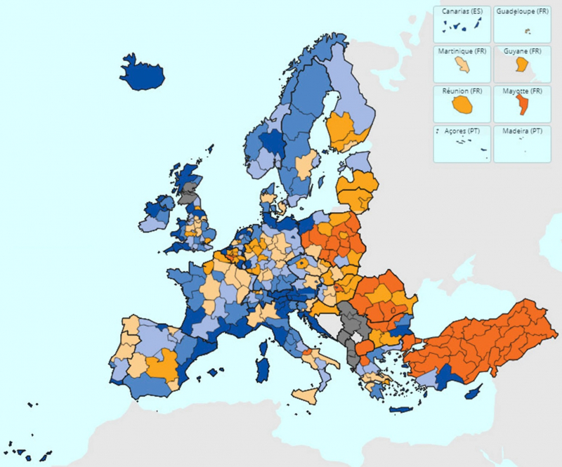 El mapa muestra las regiones de la UE coloreadas en relación a su dependencia del turismo. En naranja las que tienen menor dependencia y en gris las que no ofrecen información. 