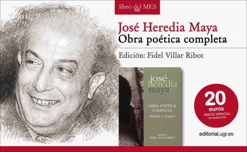 Retrato a carboncillo de José Heredia Maya y portada del libro del mes
