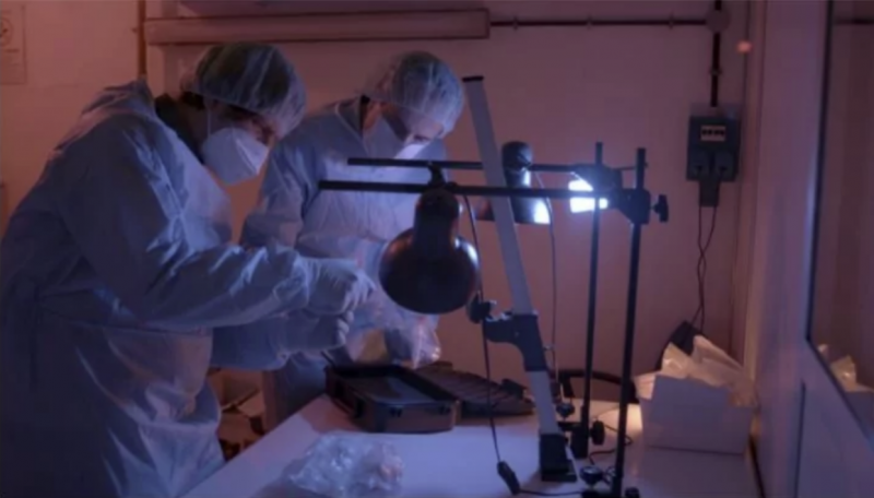 Dos investigadores del Laboratorio de Identificación Genética de la UGR analizando restos 