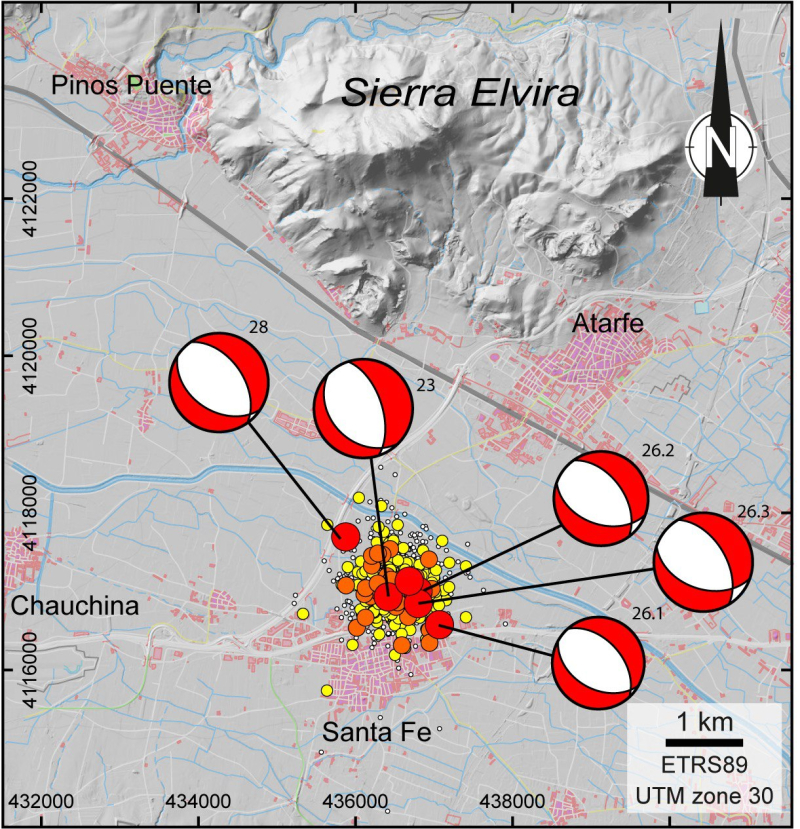 Localización de la sismicidad al norte de Santa Fe. Mecanismos focales que indican la actividad de segmentos de falla con orientación NO-SE.