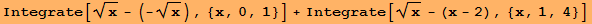 Integrate[x^(1/2) - (-x^(1/2)), {x, 0, 1}] + Integrate[x^(1/2) - (x - 2), {x, 1, 4}]