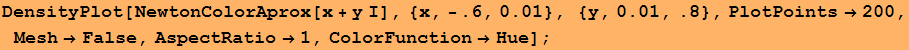 DensityPlot[NewtonColorAprox[x + y I], {x, -.6, 0.01}, {y, 0.01, .8}, PlotPoints→200, Mesh→False, AspectRatio→1, ColorFunction→Hue] ;