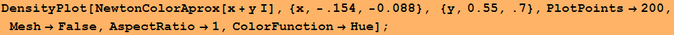 DensityPlot[NewtonColorAprox[x + y I], {x, -.154, -0.088}, {y, 0.55, .7}, PlotPoints→200, Mesh→False, AspectRatio→1, ColorFunction→Hue] ;
