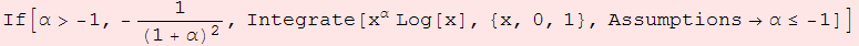 If[α> -1, -1/(1 + α)^2, Integrate[x^α Log[x], {x, 0, 1}, Assumptions→α≤ -1]]